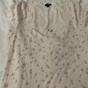 Pre-loved Wild Fable Floral Lace-Trim - Cream with Pink Roses Top